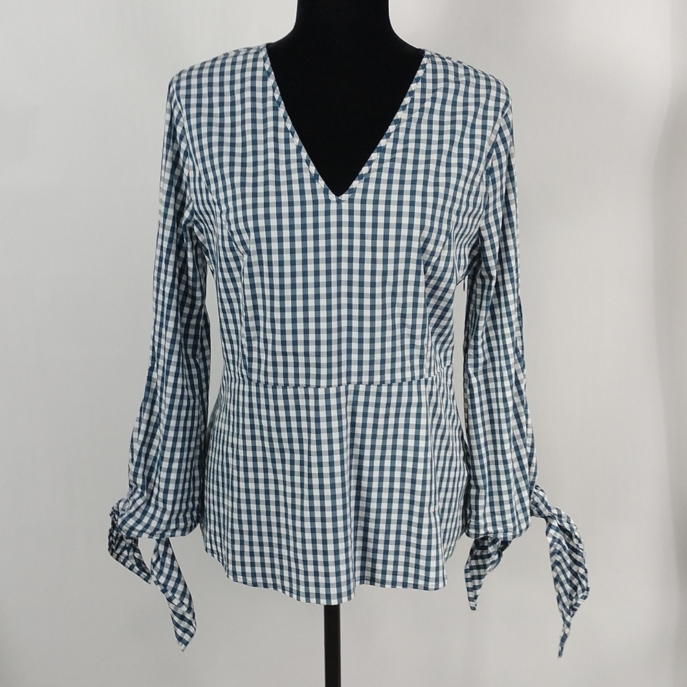 Universal Standard For J. Crew Gingham Poplin Tie Sleeve Top